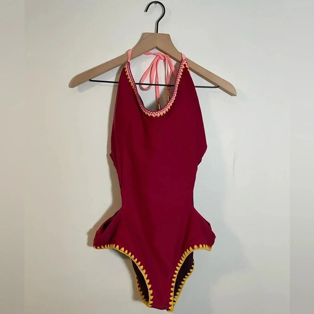 Jessica Simpson Reversible Embroidered Edge Monokini Purple/Deep Red - Picture 2 of 16